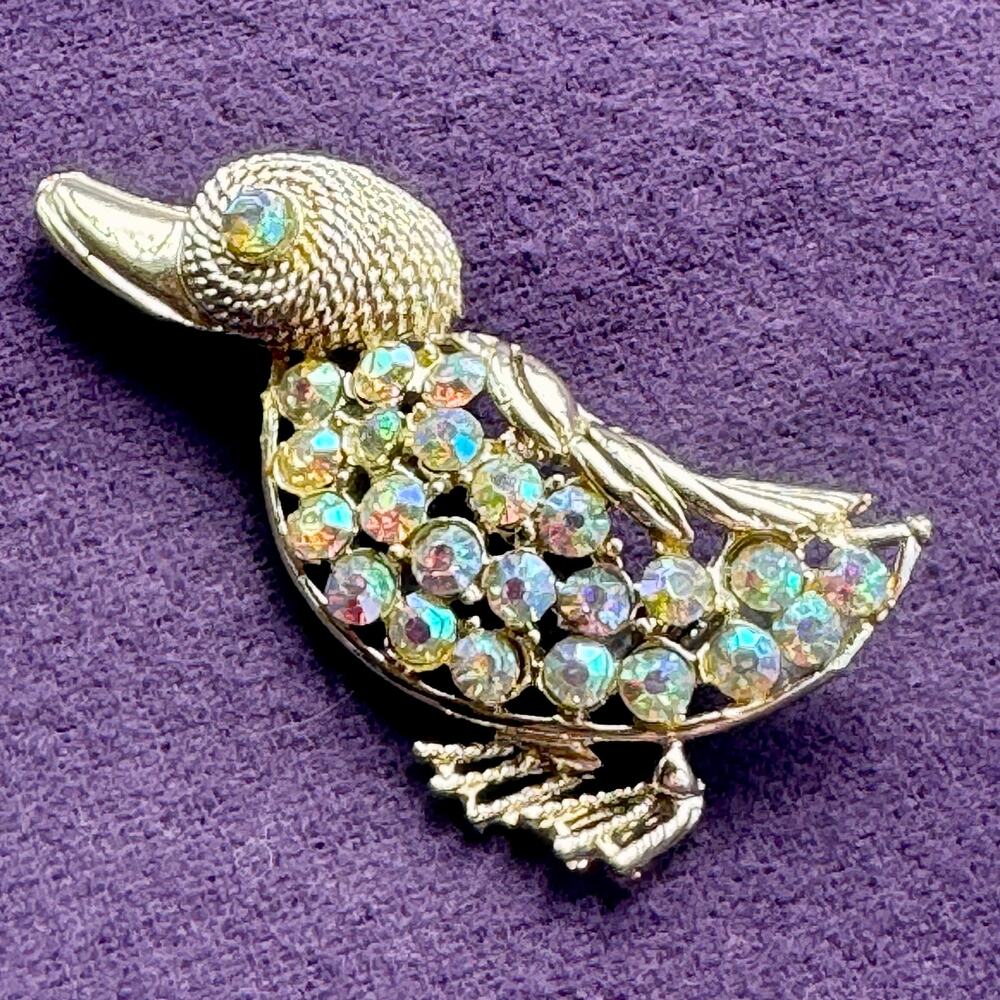 Duck Brooch Aurora Borealis Rhinestone Silver Tone Bird Pin Crystal Costume